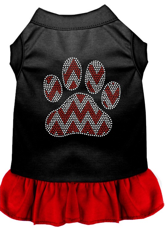 Candy Cane Chevron Paw Rhinestone Dog Dress Black with Red Med